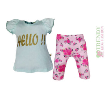 Σετ μπλουζάκι γαλάζιο με κολάν ροζ φλοράλ - Image 2