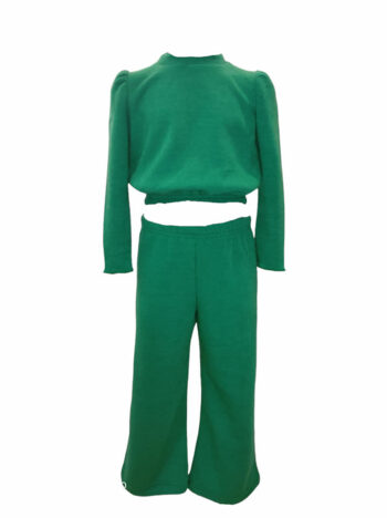 Σετ πλεχτό μπλούζα με λάστιχο και παντελόνι καμπάνα πράσινο χρώμα - Image 2