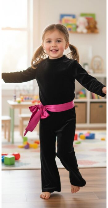 Σετ βελουτέ με παντελόνι καμπάνα με ζώνη και μπλούζα (μαύρο) - Image 1