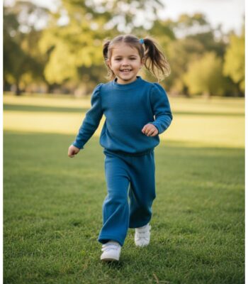 Σετ πλεχτό μπλε-ρουα μπλούζα με λάστιχο και παντελόνι καμπάνα - Image 1