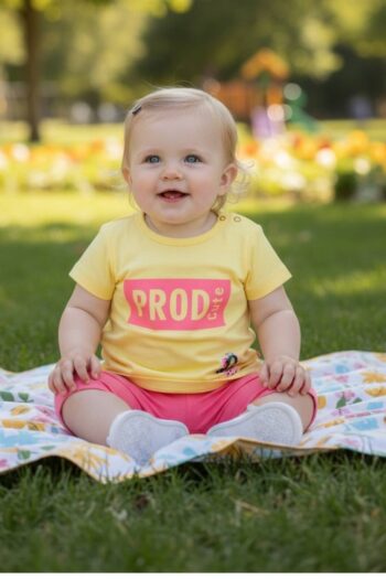 Σετ μπλουζάκι κίτρινο με κολάν ροζ - Image 3