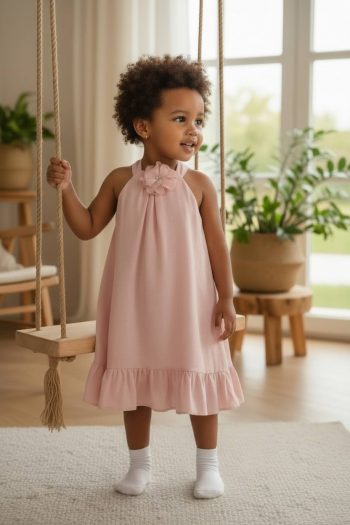 Φόρεμα σομον με λουλούδι- καρφίτσα