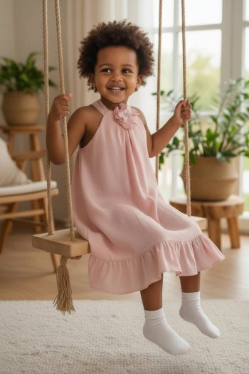 Φόρεμα σομον με λουλούδι- καρφίτσα - Image 3