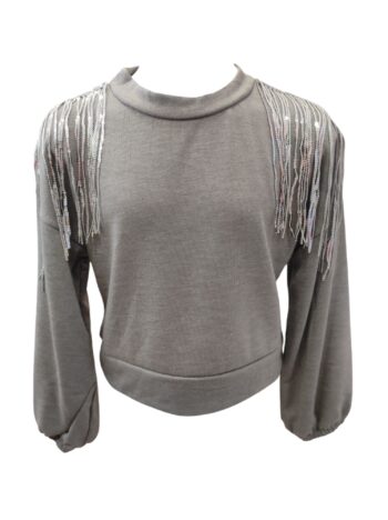 Πλεκτο μπλουζάκι με ασήμι κρόσσια παγιετα στους ωμούς - Image 2