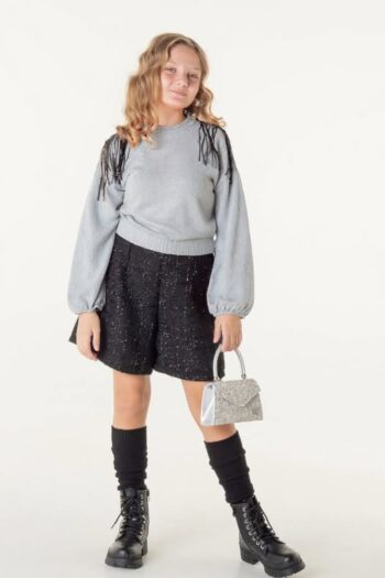 Πλεκτο μπλουζάκι με ασήμι κρόσσια παγιετα στους ωμούς - Image 1