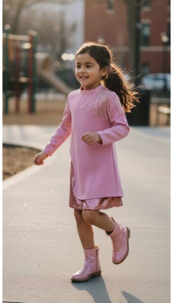 Σετ πουκαμίσα με κρόσσια παγιετα στους ωμούς και φούστα με ροζ παγιετες - Image 4