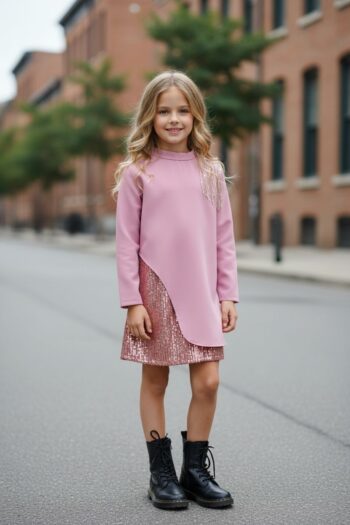 Σετ πουκαμίσα με κρόσσια παγιετα στους ωμούς και φούστα με ροζ παγιετες - Image 1