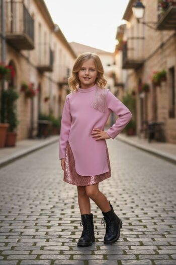 Σετ πουκαμίσα με κρόσσια παγιετα στους ωμούς και φούστα με ροζ παγιετες - Image 5