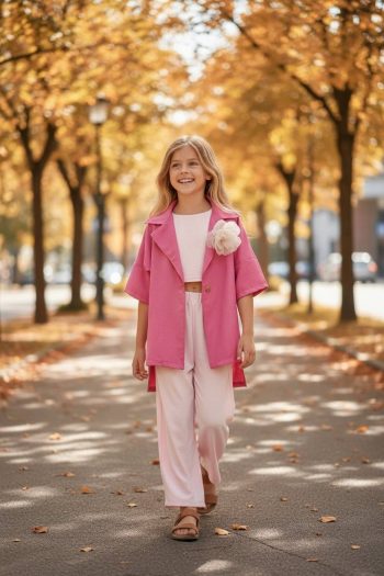 Σετ τοπ με παντελόνι ροζ απαλού χρώμα - Image 4