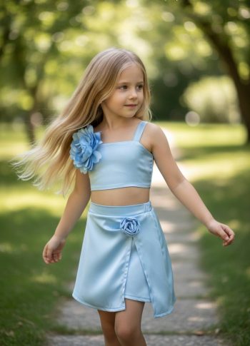 Σετ φούστα-σορτς τοπ με καρφίτσα λουλούδι γαλάζιο - Image 4