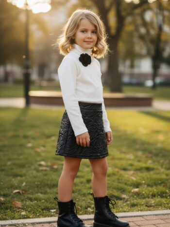 Σετ πλεκτο με πέρλες και φούστα δερματίνη - Image 2