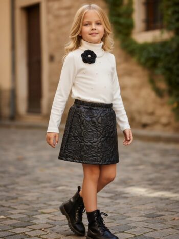 Σετ πλεκτο με πέρλες και φούστα δερματίνη - Image 1