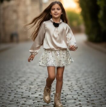 Σετ πουκαμίσα σατέν με φούστα με πούπουλα και παγιετα - Image 1