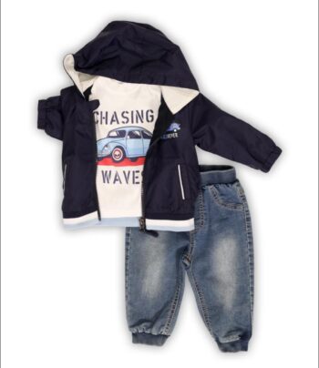 Σετ 3 τμχ με μπουφάν, παντελόνι jeans και μπλούζα 100%cotton - Image 1