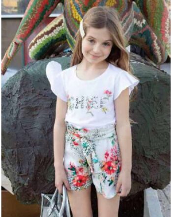 Σορτς εμπριμέ λεοπάρ σε χρώμα μέντας με κοραλί λουλούδια - Image 1