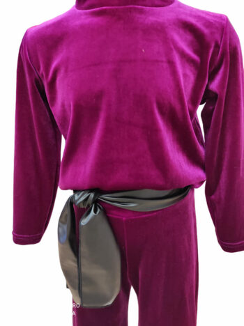 Σετ βελουτέ με παντελόνι καμπάνα με ζώνη και μπλούζα (ματζεντα) - Image 3