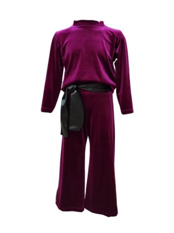 Σετ βελουτέ με παντελόνι καμπάνα με ζώνη και μπλούζα (ματζεντα) - Image 1