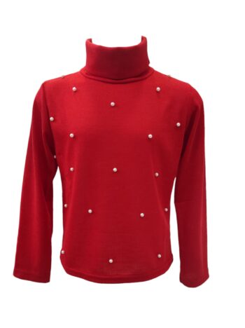 Πλεκτο μπλουζάκι ζιβάγκο με πέρλες κόκκινο χρώμα - Image 1