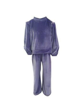 Σετ βελούδο με πούπουλο στους ωμούς και καμπάνα παντελόνι - Image 1