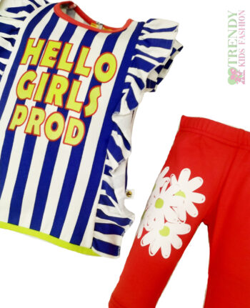 Σετ μπλούζα ριγέ μπλε με κολαν κόκκινο "HELLO GIRL" - Image 2