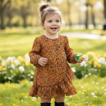 Μπεμπέ φόρεμα χειμερινό για κορίτσι μουσελίνα σε ώχρα λεοπάρ - Image 1