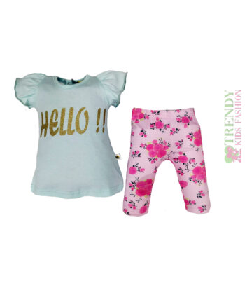 Σετ μπλουζάκι γαλάζιο με κολάν ροζ φλοράλ - Image 1