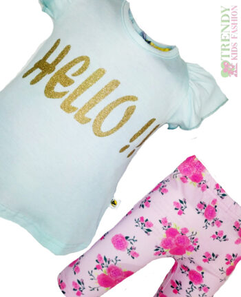 Σετ μπλουζάκι γαλάζιο με κολάν ροζ φλοράλ - Image 2