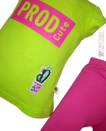 Σετ μπλουζάκι λαχανί με κολάν ροζ - Image 2