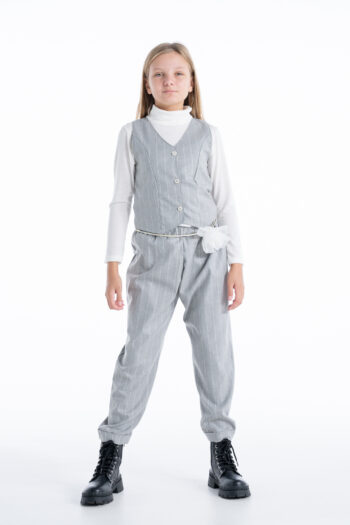 Σετ 3τεμ. γιλέκο μπλούζα και παντελόνι γκρι ριγέ - Image 3