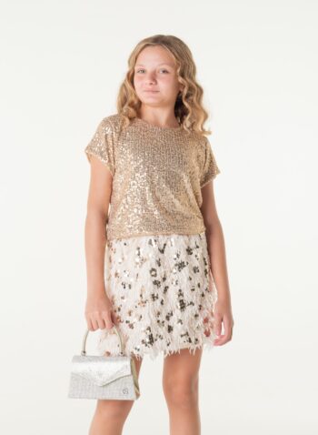 Σετ τοπ μακριά μανίκια με παγιετες και φούστα με πούπουλα - Image 7