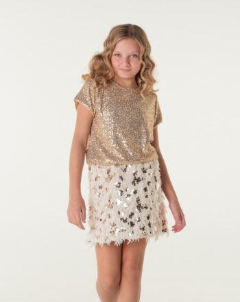 Σετ τοπ μακριά μανίκια με παγιετες και φούστα με πούπουλα - Image 2