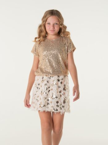 Σετ τοπ μακριά μανίκια με παγιετες και φούστα με πούπουλα - Image 4