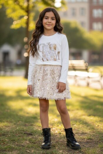 Σετ μπλούζα με παγετες φούστα μπεζ-χρυσού - Image 2