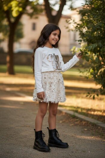 Σετ μπλούζα με παγετες φούστα μπεζ-χρυσού - Image 1