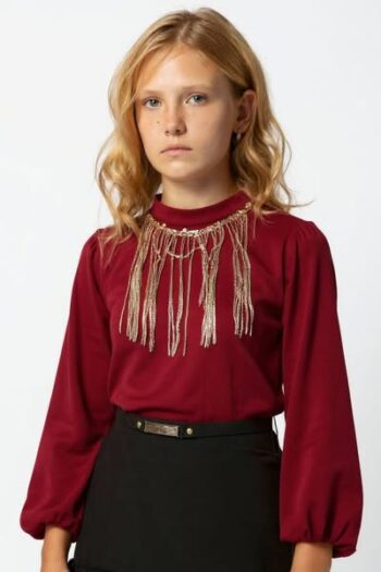 Πλεκτοί μπλούζα μπορντό με κρόσσια παγέτα - Image 1