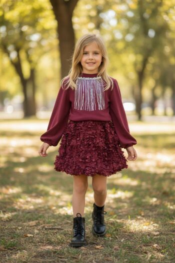 Σετ φούστα με 3D λουλούδια και πλεκτο μπλουζάκι με κρόσσια παγετα - Image 1