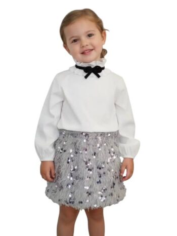 Σετ πουκάμισο και φούστα ασημή με πούπουλα και παγετα - Image 2