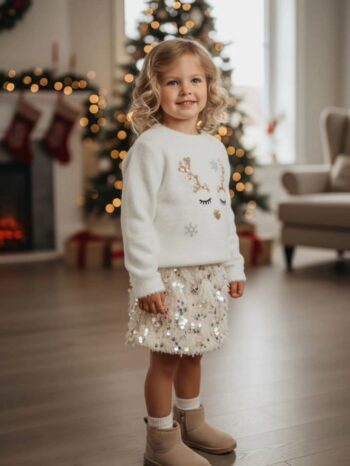 Σετ πλεκτο μοχερ με φούστα πούπουλα με παγιετα - Image 1