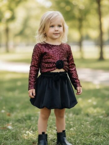 Σετ τοπ μπορντό παγετα με λουλούδι και φούστα μπάλου - Image 2