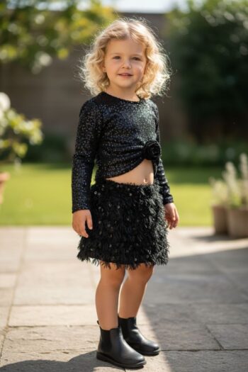 Σετ τοπ με καρφίτσα και φούστα πούπουλα με παγιετα - Image 1