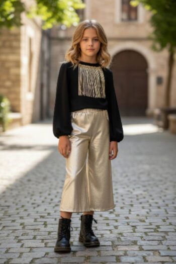 Σετ πλεκτο μπλουζάκι με κοράσια παγετα με χρυσο παντελόνι 3/4 δερματίνη - Image 1