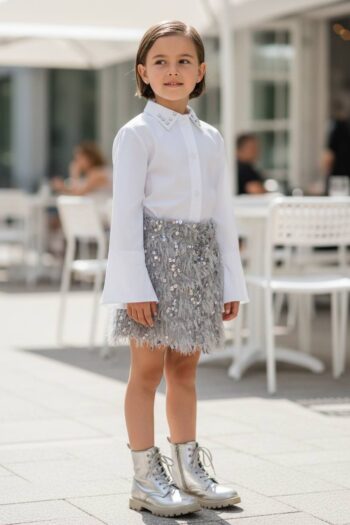 Σετ πουκάμισο με στρας στο γιακά και φούστα πούπουλα με παγετα. - Image 3