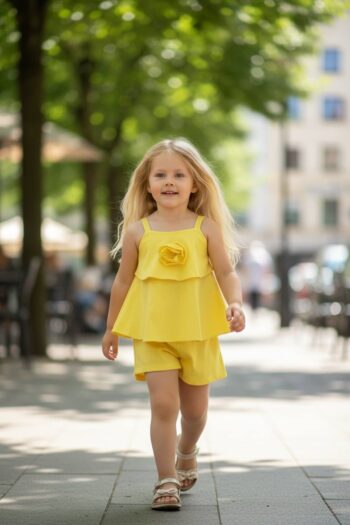 Σετ κίτρινού με αεράτο crop top με λουλούδι και σορτς. - Image 2