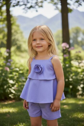 Σετ μωβ χρώμα με αεράτο crop top με λουλούδι και σορτς.