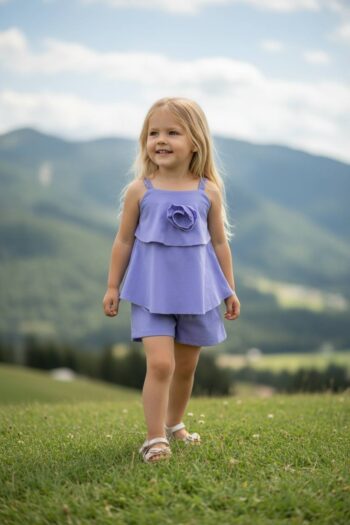 Σετ μωβ χρώμα με αεράτο crop top με λουλούδι και σορτς. - Image 2