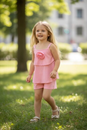 Σετ κοραλλί χρώμα με αεράτο crop top με λουλούδι και σορτς