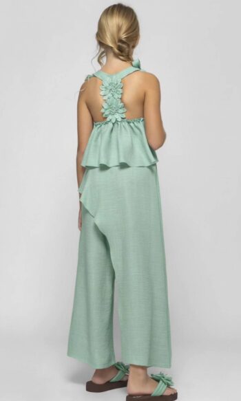 Σετ μέντα χρώμα τοπ με λουλούδια στην πλατύ και παντελόνι με άνοιγμα και ενσωματωμένο σορτς - Image 2