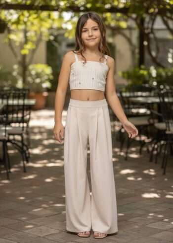 Σετ τοπ με στρας και Παντελόνι μπεζ χρώμα