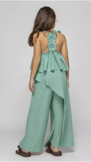 Σετ μέντα χρώμα τοπ με λουλούδια στην πλατύ και παντελόνι με άνοιγμα και ενσωματωμένο σορτς - Image 6