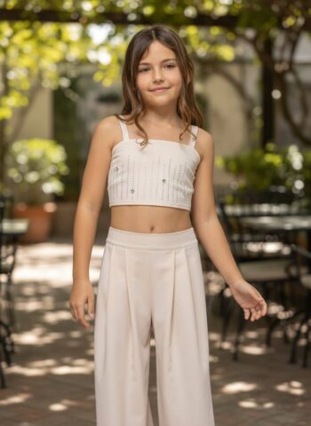 Σετ τοπ με στρας και Παντελόνι μπεζ χρώμα - Image 2